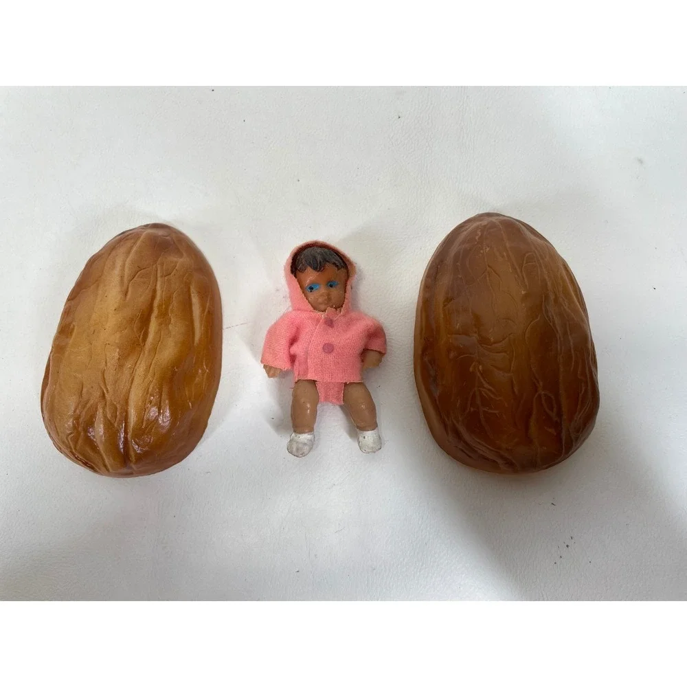 Vintage Miniature Baby Doll in Plastic Walnut Shell Case Made in Hong Kong Pink